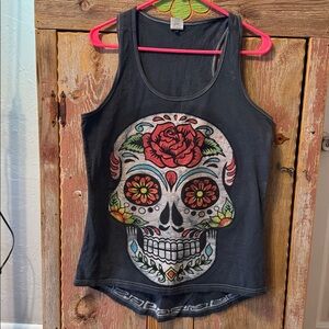Women's Black Skull Batik Graphic Tank Top size large, cotton